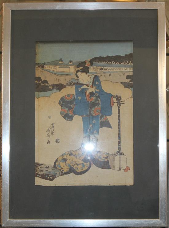 Kunimori and Others Actors and boat builder in a landscape, largest 14.5 x 9.5in.